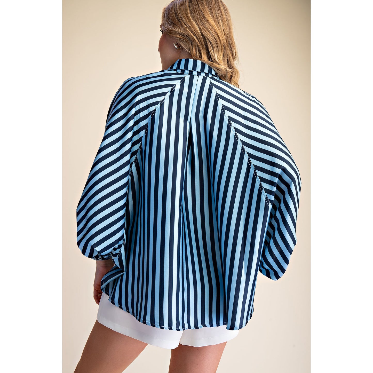 Oversized Blue Stripe Button Down Shirt with Balloon Dolman Sleeves 8932