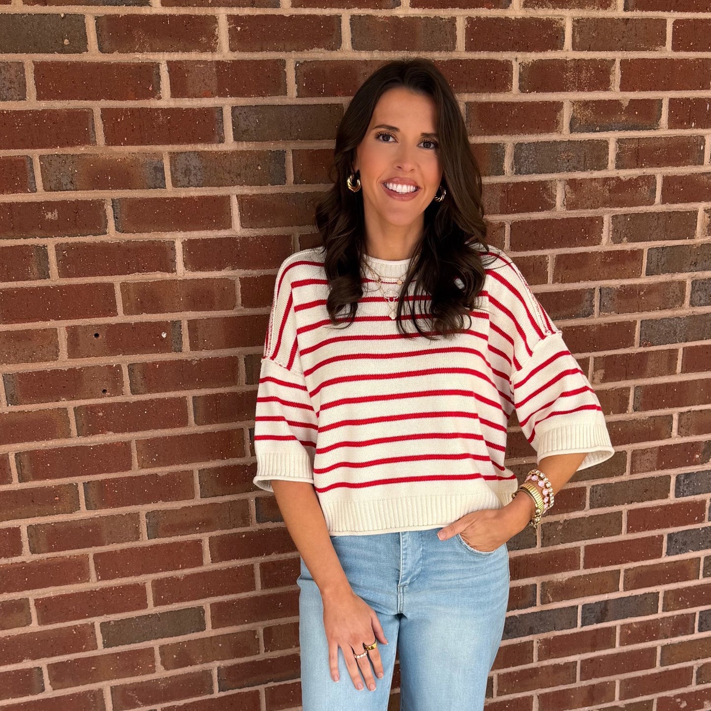 BP - Striped, Raw Edge, Drop Shoulder, Short Sleeve Sweater Top 1036 - Red