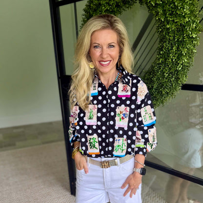 Queen of Sparkles - Black & White Polka Dot Scattered Mahjong Button Up Top