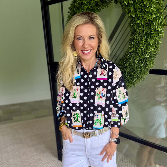 Queen of Sparkles - Black & White Polka Dot Scattered Mahjong Button Up Top