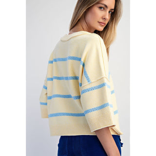 Softest Luxe Striped Crew Sweater Top 0107 - Lemon/LT Blue