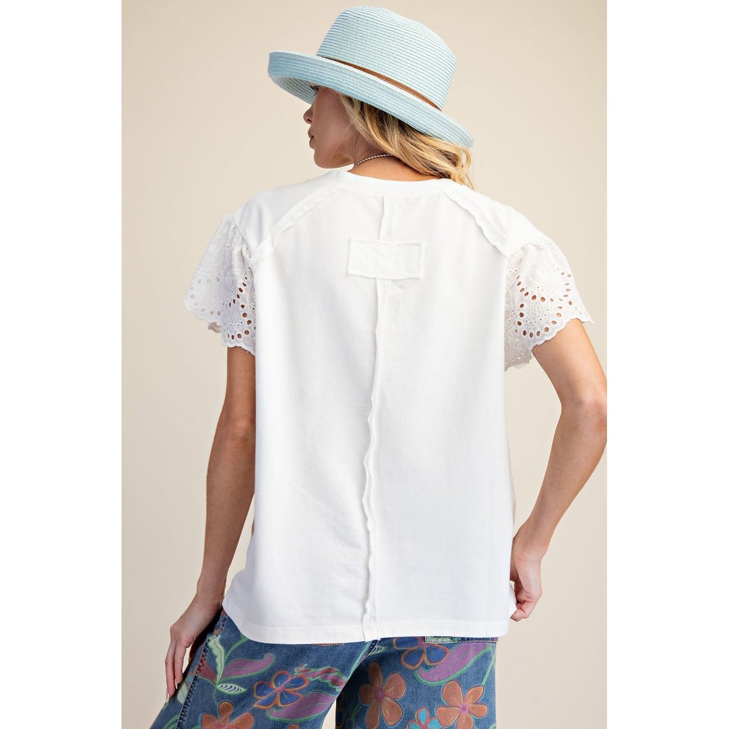 Lace Detail Flutter Sleeve Top – Cream Crochet Patch Blouse 9027