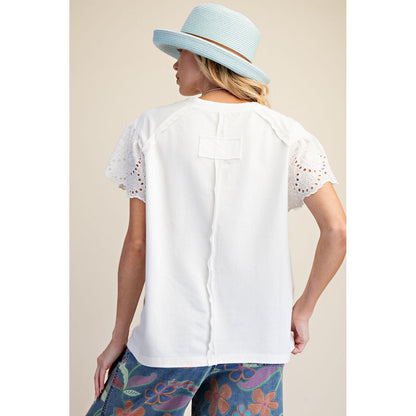 Lace Detail Flutter Sleeve Top – Cream Crochet Patch Blouse 9027