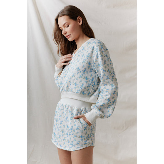 PL - Floral Printed, Fleece Terry, V-Neck, Crop Top & Shorts Set 0027 / 0029 - Light Blue