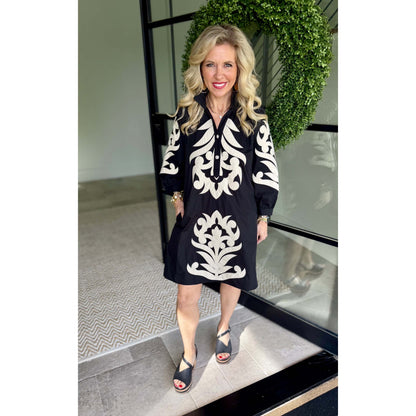 JL - ¾ Sleeve, Baroque Floral Applique Shift Dress 5266 - Black