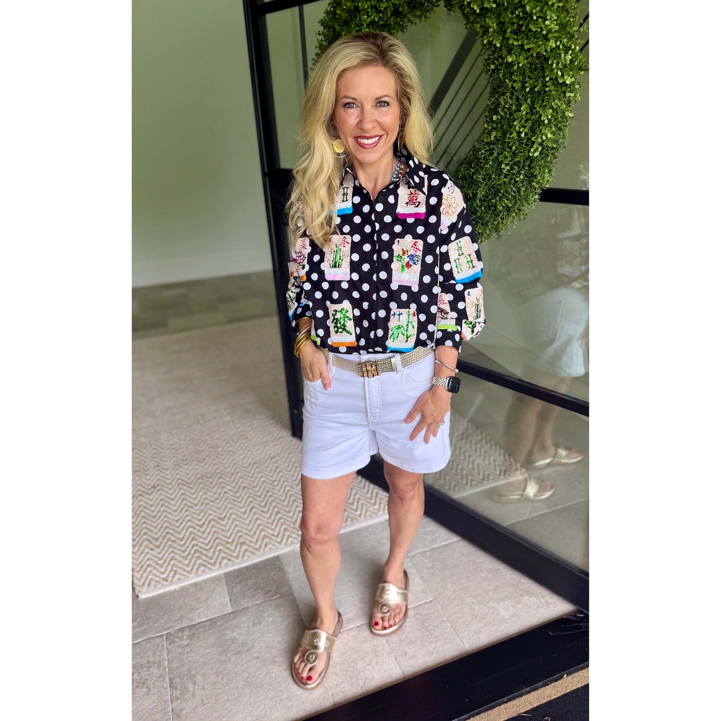 Queen of Sparkles - Black & White Polka Dot Scattered Mahjong Button Up Top