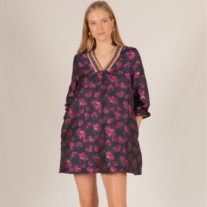 BYC - Floral Jacquard, ¾ Sleeve, Dress w Contrast Collar 0472 - Navy / Fuchsia