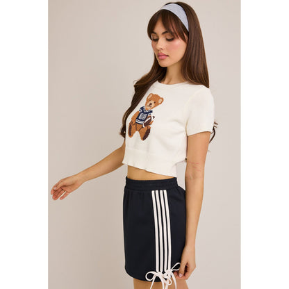 LL - Short Sleeve, Crew Neck, Teddy Bear Sweater Top 5170 - White / Navy