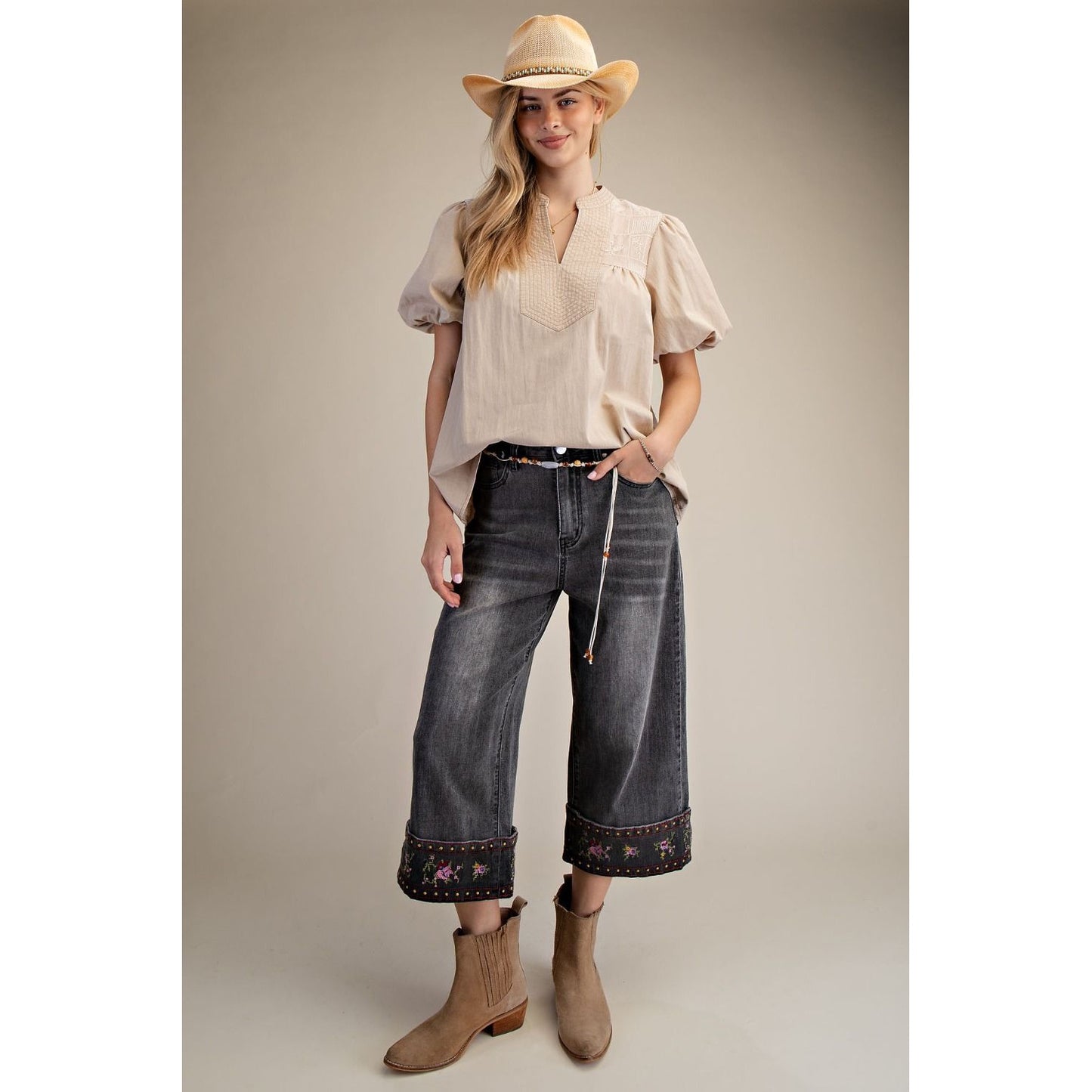EL - Puff Sleeve, Relax Fit, Denim Top w Embroidered Detail 9730 - Khaki