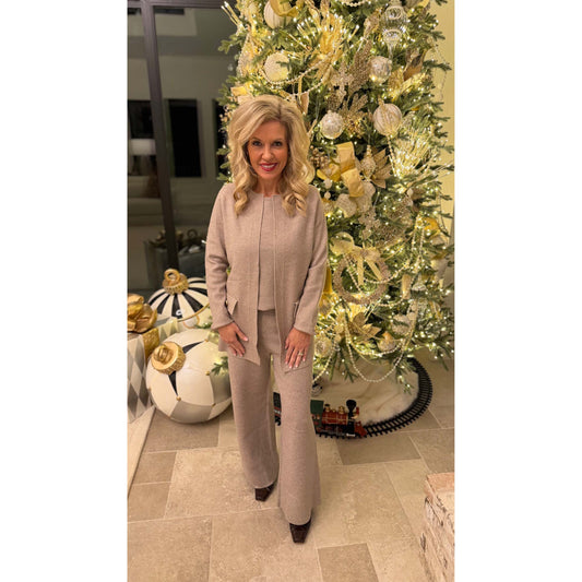 SAB -Sleeveless Sweater Top, LS Cardigan & Cropped Wide Leg Pants Set 6892 / 6891 / 7236 - Mocha-