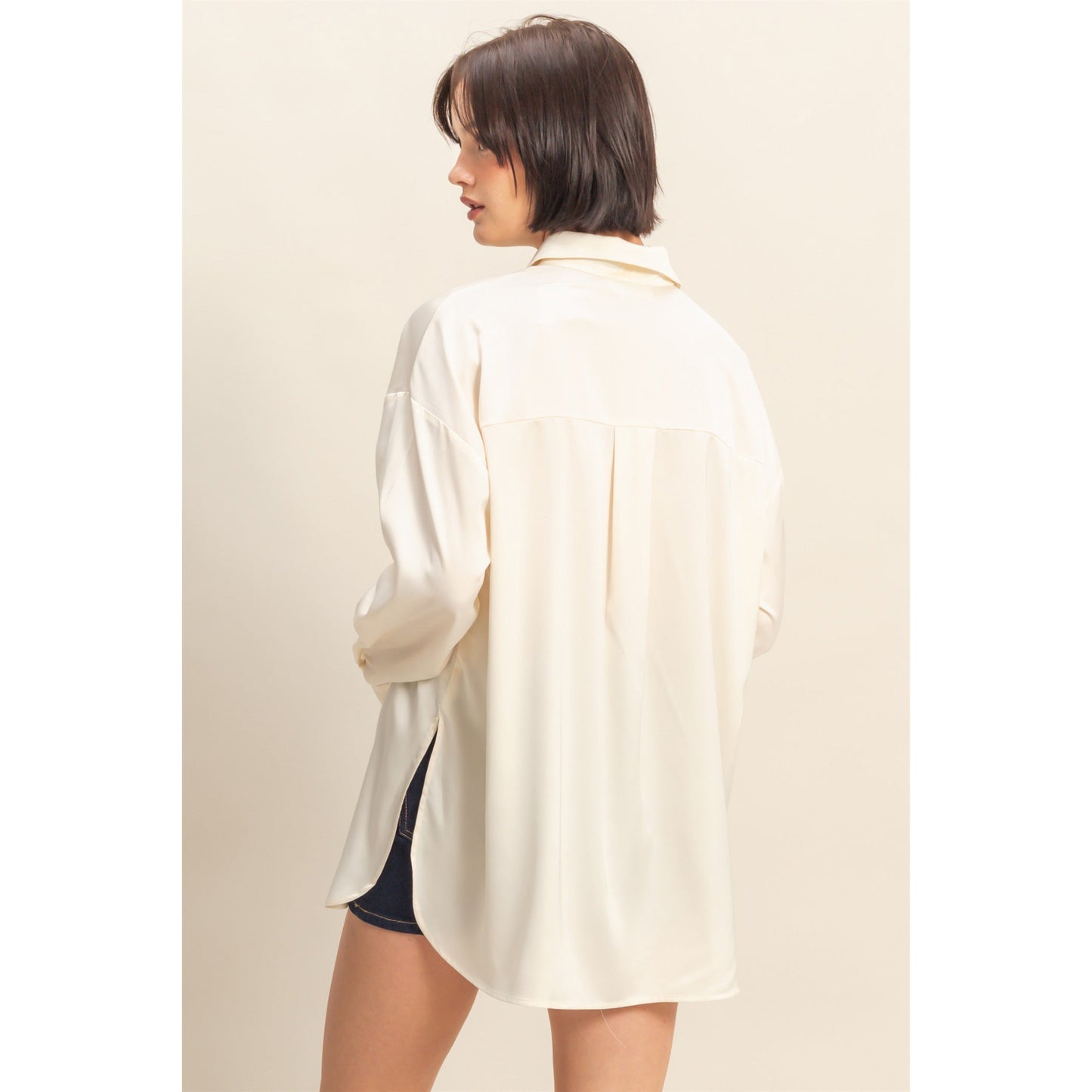 DZ - Long Sleeve Oversized Satin Shirt Top 072 - Whip Cream