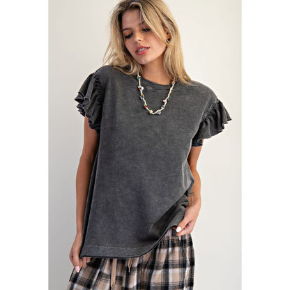 Easel - Wing Sleeve, Mineral Washed Top w Raw Edges 1431 - Black