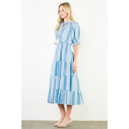 THML - Puff Sleeve, Striped Pattern, Midi Dress 3431 - Blue
