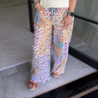 Pink Latte, Patchwork Print Wide Leg Pants 7958 SALE
