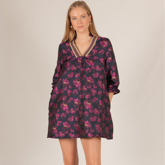 BYC - Floral Jacquard, ¾ Sleeve, Dress w Contrast Collar 0472 - Navy / Fuchsia