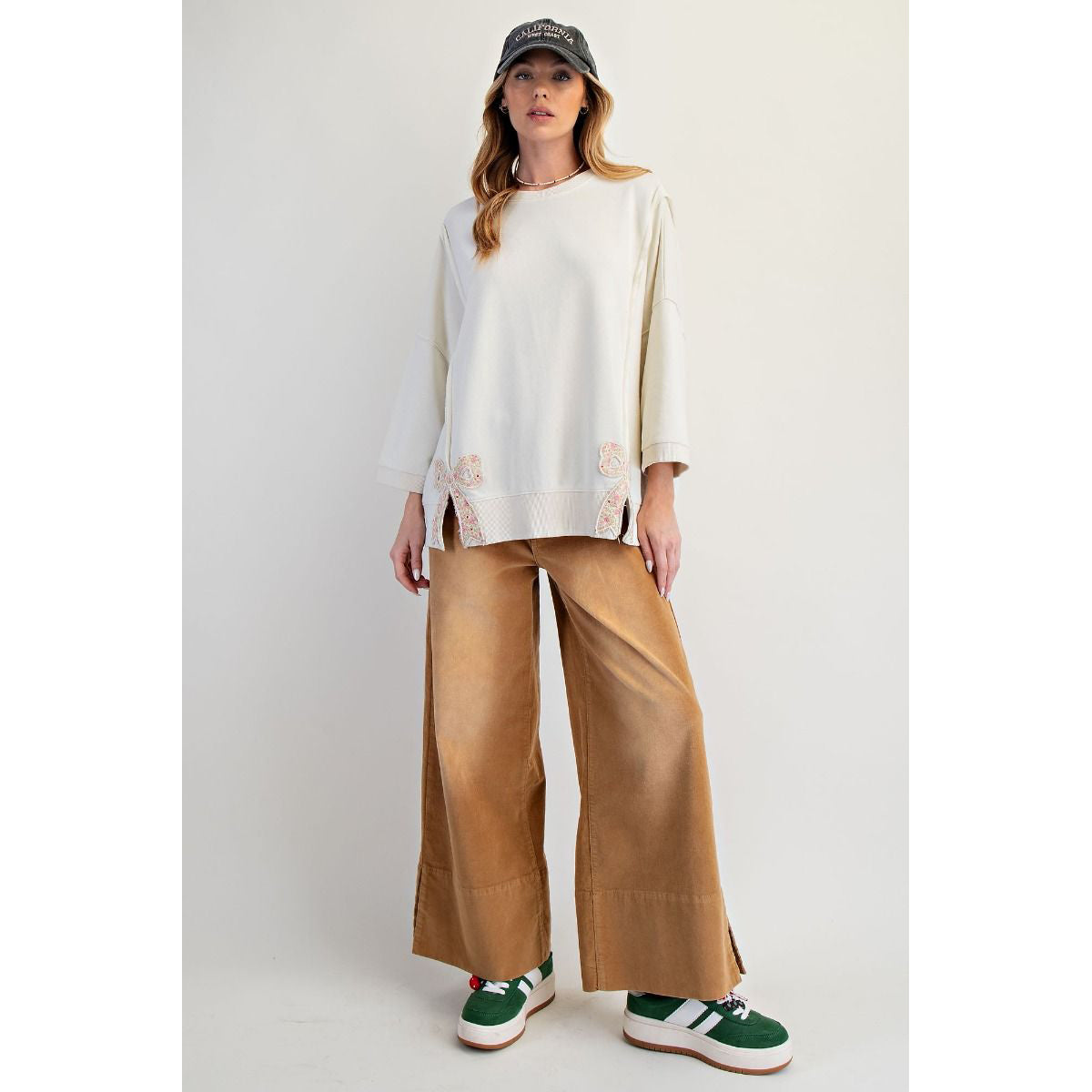 Easel - Bow Patch, Oversized, Washed, Terry Pullover Sweater Top 8101 - Cream