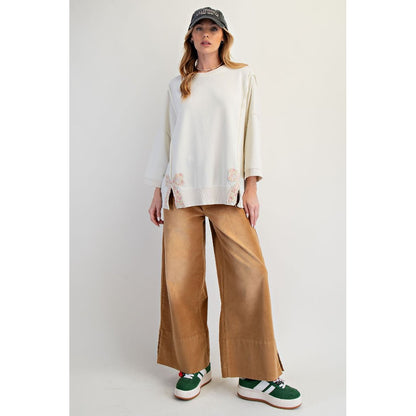 Easel - Bow Patch, Oversized, Washed, Terry Pullover Sweater Top 8101 - Cream