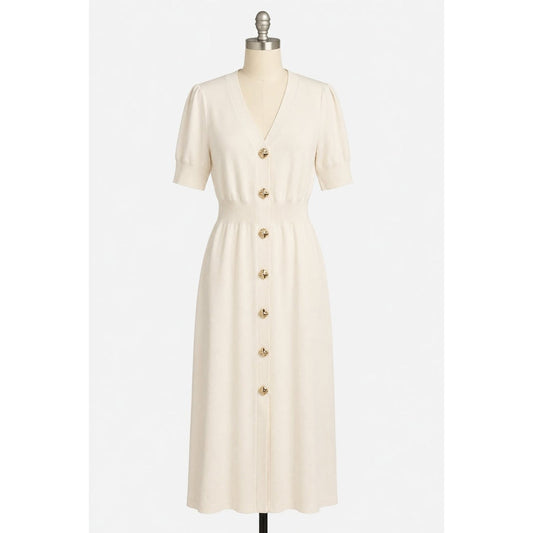 An off-white midi dress with short puff sleeves, a V-neckline, and a front button closure, displayed on a mannequin against a light gray background.