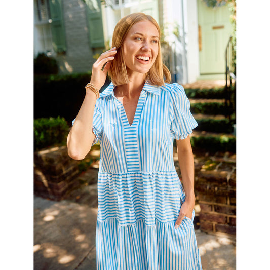 MS - Molly, Tiered Midi Dress w Puff Sleeve 1239 - Up Light Blue