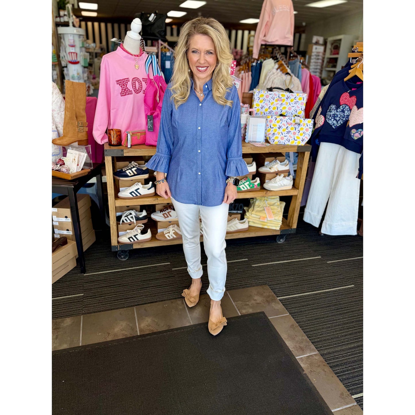 Gretchen Scott - Wash & Wear, Ruffle Detail Blouse Top - Chambray