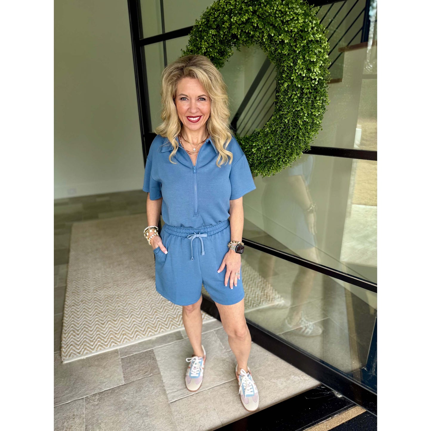 Rae Mode - Modal Scuba, Quarter Zip, Short Sleeve Romper 5113 - Paradise Blue