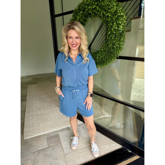 Rae Mode - Modal Scuba, Quarter Zip, Short Sleeve Romper 5113 - Paradise Blue
