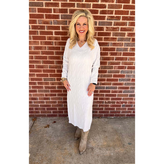 Milio Millano - Cable Knit, V-Neck Sweater Dress 0275 - Ivory