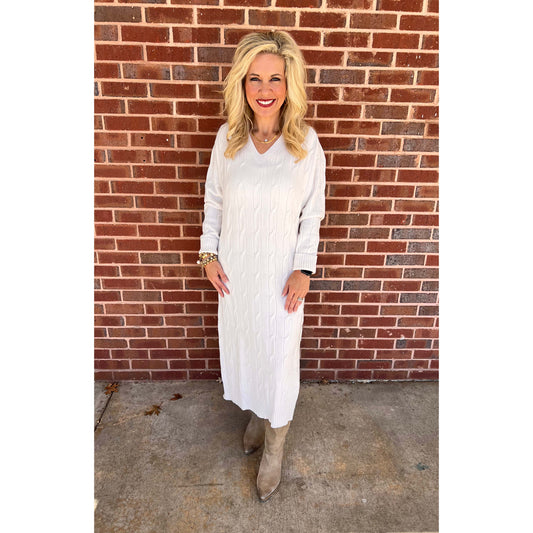 Milio Millano - Cable Knit, V-Neck Sweater Dress 0275 - Ivory