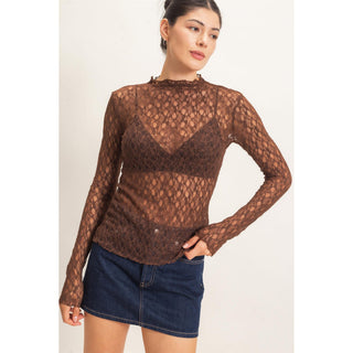 Lace Mock Neck Long Sleeve Top 033 – Chocolate