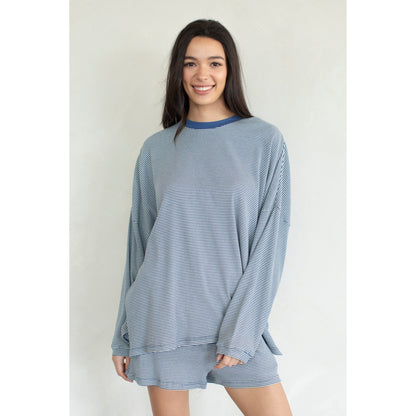 Blue Ribbed Striped Long Sleeve Top