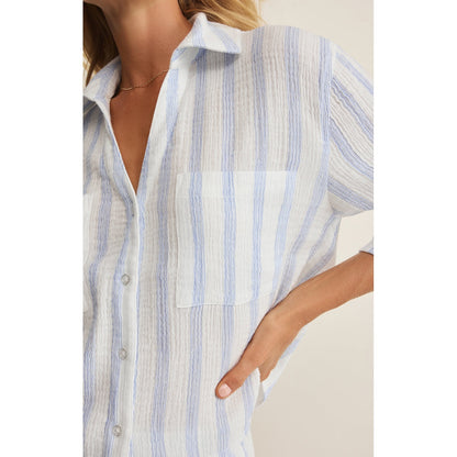 Helena Striped Airy Gauze Button Up – Sea Salt (Pairs with Daylight Shorts)