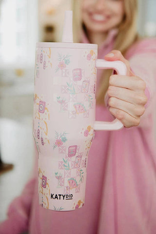 Mahjong Pieces, Flip straw, Tumbler Cup - 40oz - Light Pink