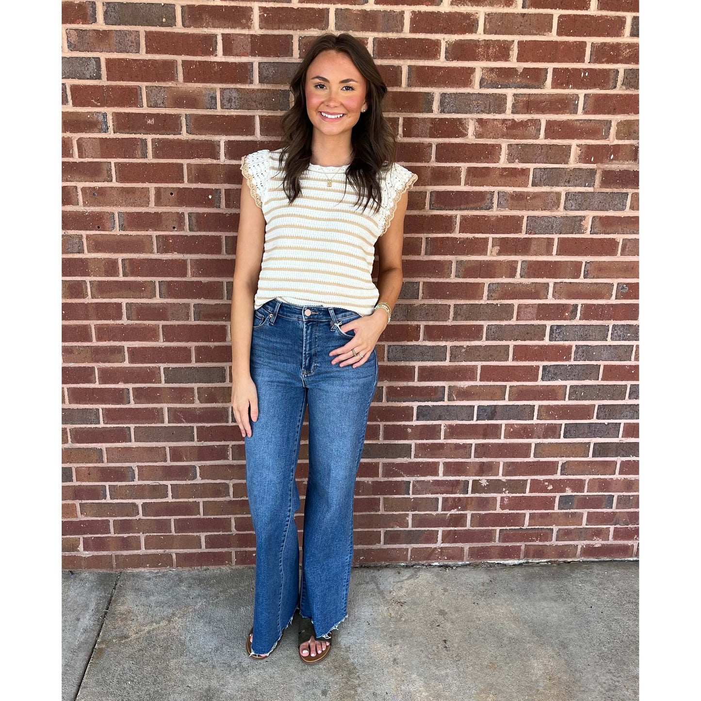 Striped Crochet Knit Tank – Cream & Tan Ruffle Sleeve Sweater Top 037