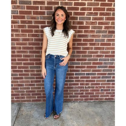 Striped Crochet Knit Tank – Cream & Tan Ruffle Sleeve Sweater Top 037