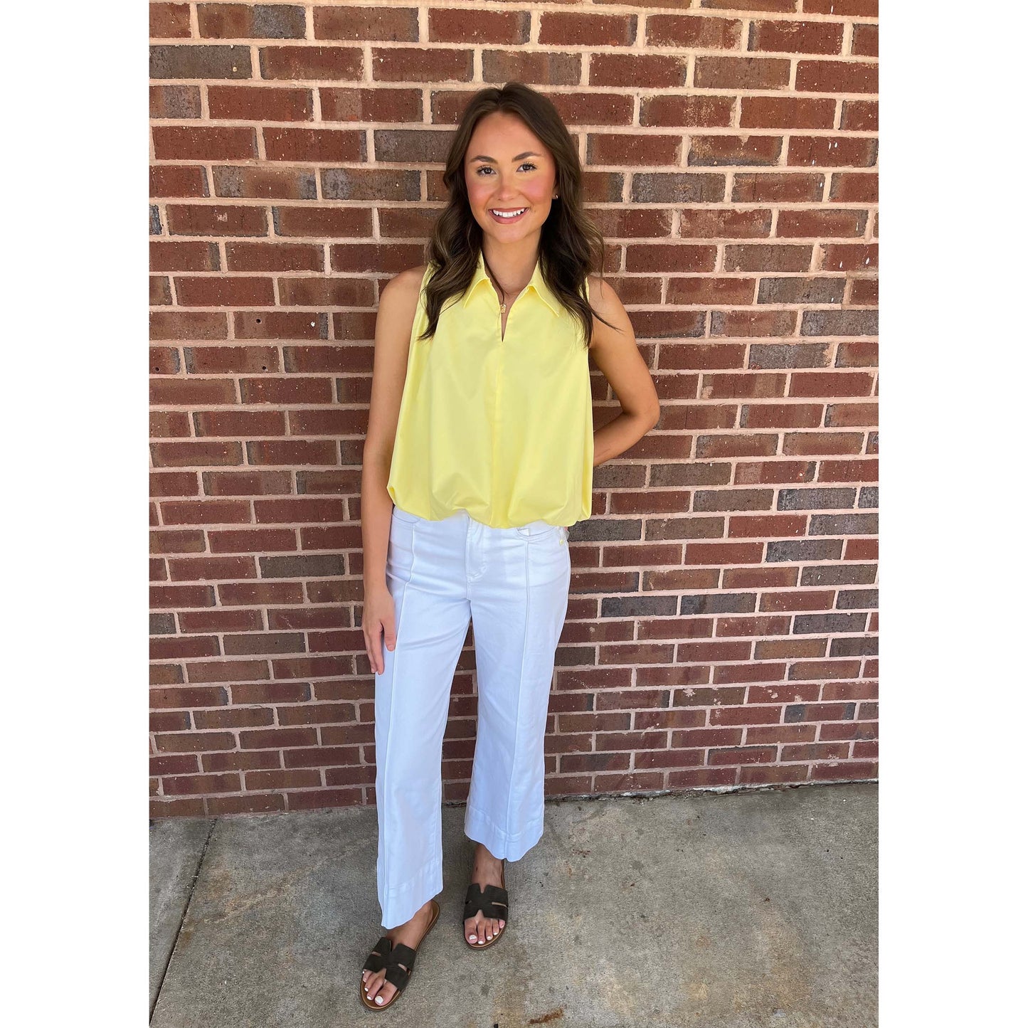 Bubble Hem Sleeveless Blouse – Butter Yellow Collared Flowy Top 9649