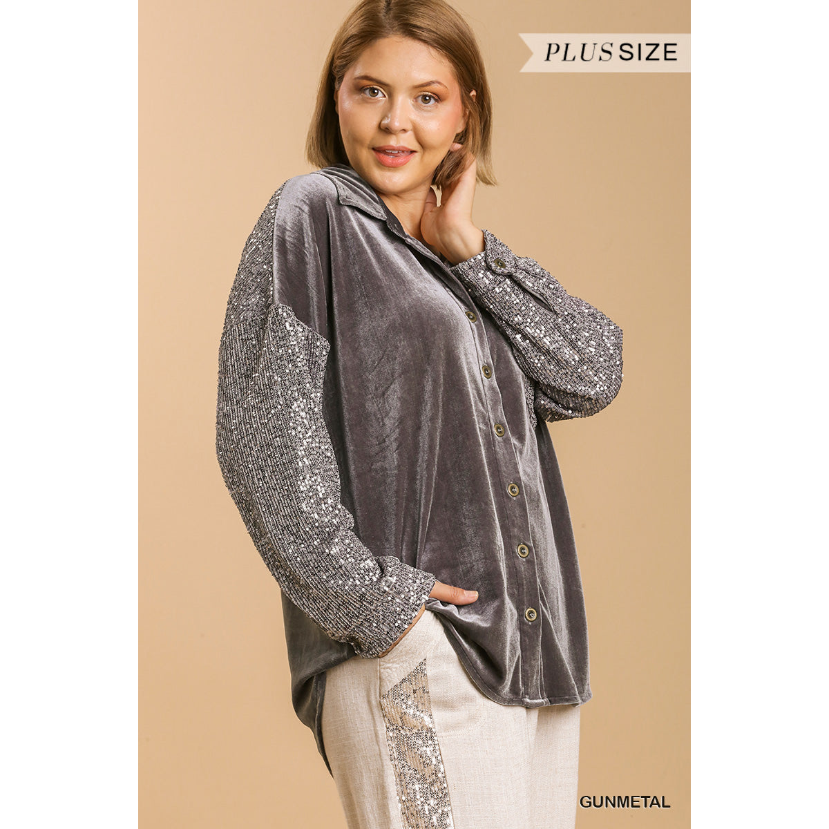 Velvet Collar Button Down Jacket w Sequin Sleeves & Chest Pocket 0333 - Gun Metal