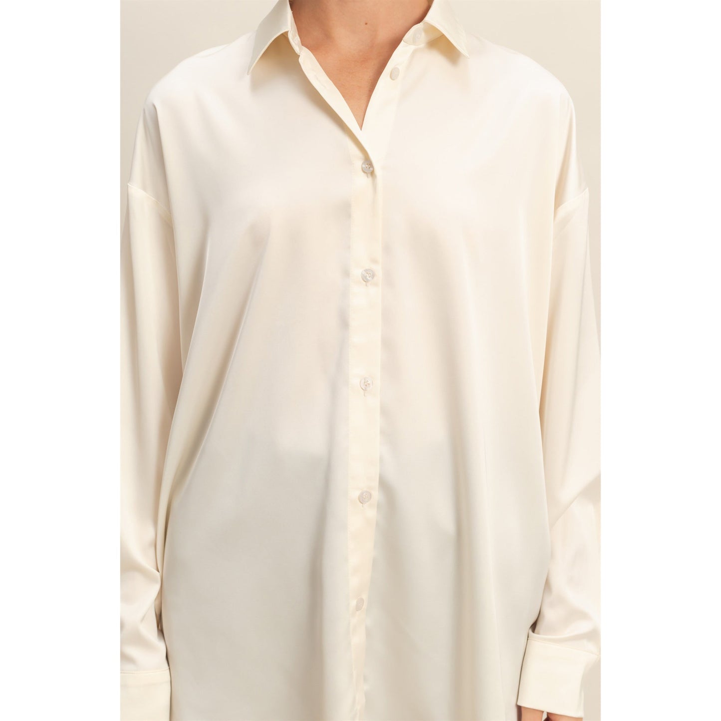 DZ - Long Sleeve Oversized Satin Shirt Top 072 - Whip Cream