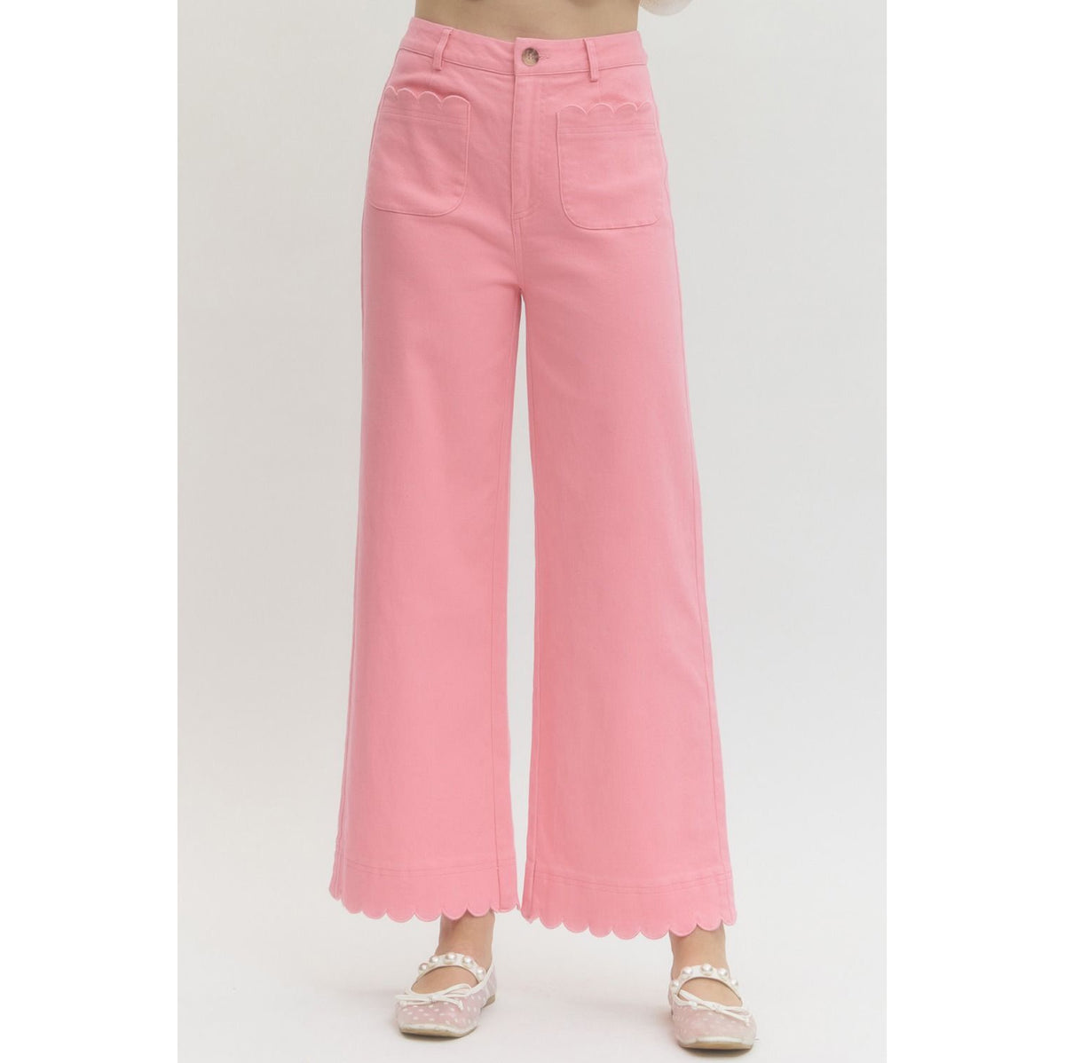 Pink Scallop Trim Wide Leg Pants – High Waist Statement Trousers 9031