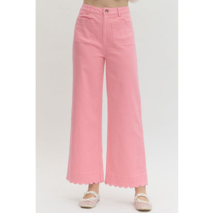 Pink Scallop Trim Wide Leg Pants – High Waist Statement Trousers 9031