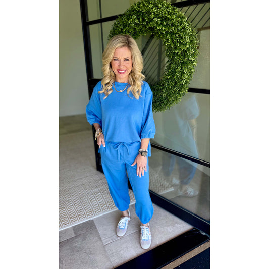 Rae Mode - French Terry Bubbled Half Sleeve Top & Cropped Jogger Pants Set 0111/6459 - Aqua Splash