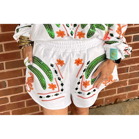 Queen of Sparkles -  Palm Tree & Jaguar Shorts 25158 - White - SALE