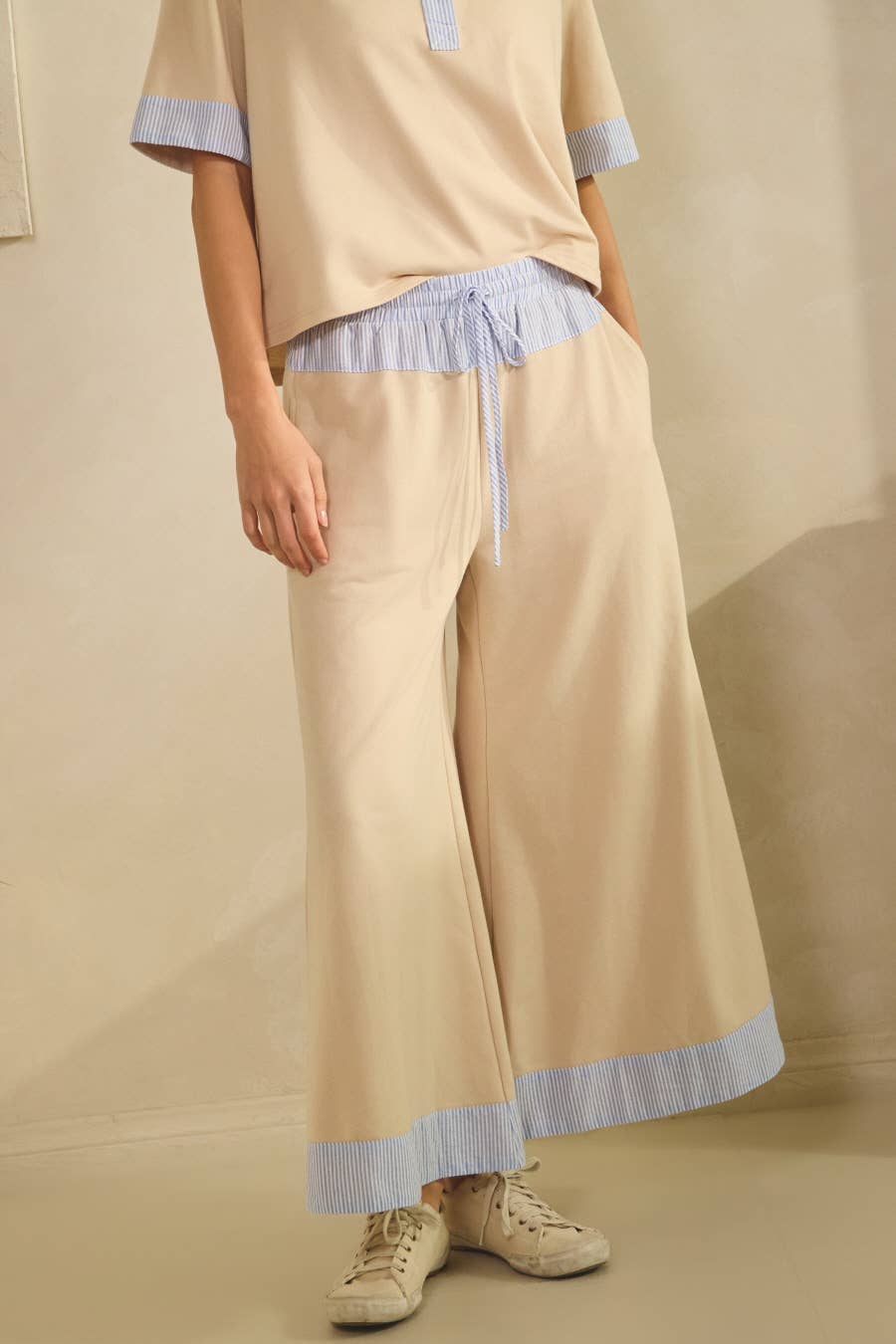 Contrast-trim Henley Top And Pants Set - Ivory