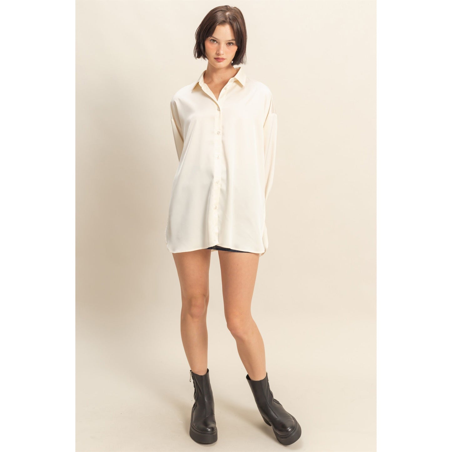 DZ - Long Sleeve Oversized Satin Shirt Top 072 - Whip Cream