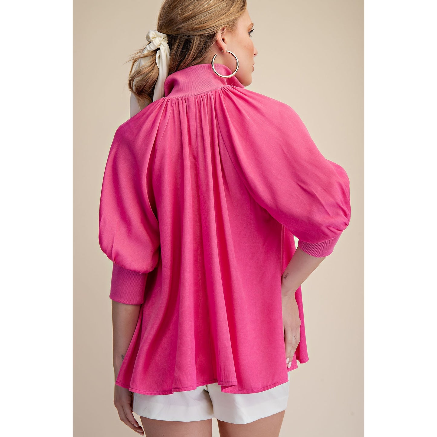 Hot Pink Half Zip Blouse – Mock Neck Puff Sleeve Top - 8080*