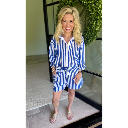Blue Stripe Poplin Shorts Set – Button Down Top & Drawstring Shorts 7338/5476