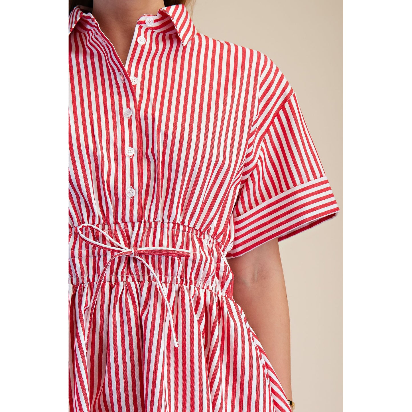 Red & White Stripe Shirt Dress – Cinched Waist Button Front Mini Dress 9648