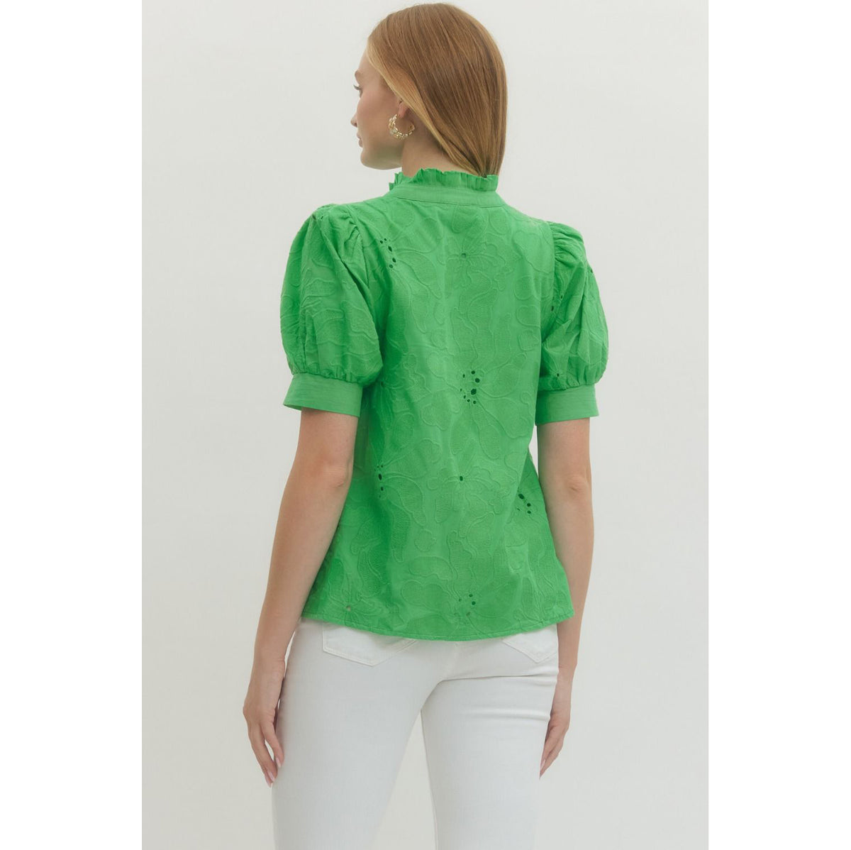 EL - Floral, Embroidered, Short Puff Sleeve Top 6825 - Green