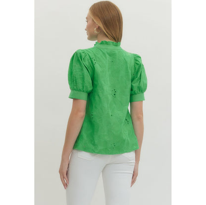 EL - Floral, Embroidered, Short Puff Sleeve Top 6825 - Green