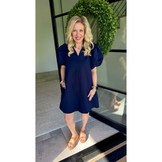 Textured Puff Sleeve Mini Dress – V-Neck Ruffle Dress with Pockets - 8084 - Navy