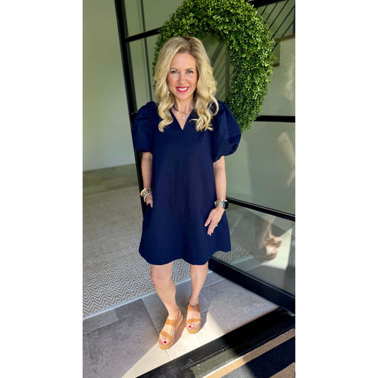 Textured Puff Sleeve Mini Dress – V-Neck Ruffle Dress with Pockets - 8084 - Navy